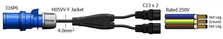 316P6 to 2 x C13 Power Cord